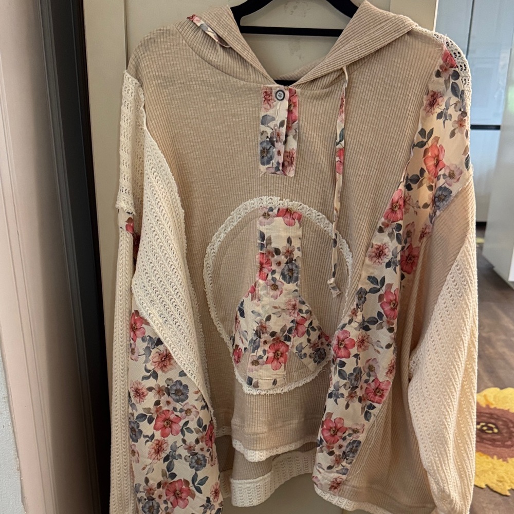 POL Beige Floral Panel Hooded Sweater